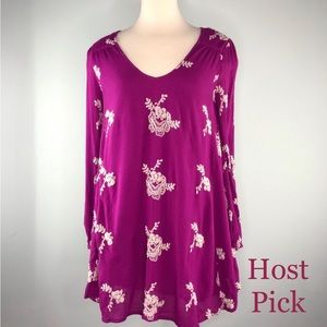 Free People Purple Emma Embroidered Floral Dress Size XS Tunic Swing Boho White